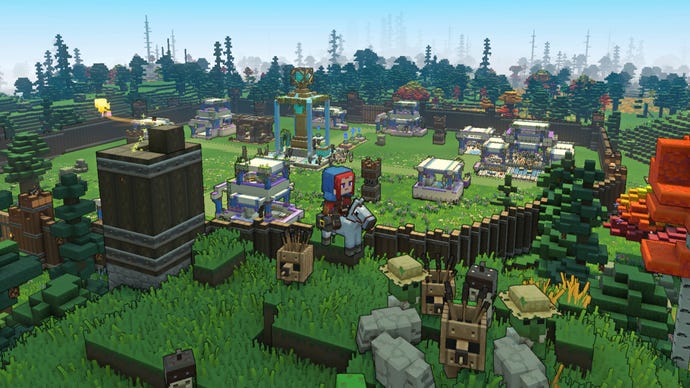 The player in Minecraft Legends rides about the outskirts of a friendly base, surrounded by allied golem minions.