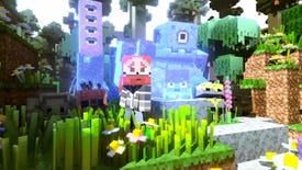 The main characters react to a distressing situation in a cutscene from Minecraft Legends.