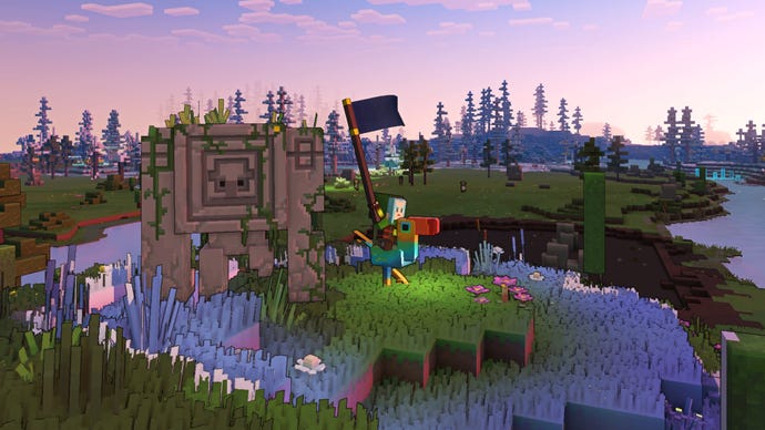 The player in Minecraft Legends rallies their flag near a giant stone golem.