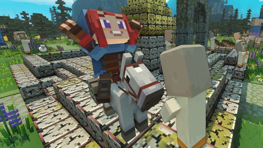 The Hero, the player character in Minecraft Legends, celebrates with villagers after defending their village from a piglin attack.