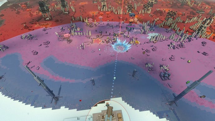 El jugador dispara un lanzador de piedra roja a las bases de Piglin en el desafío Snow vs Snouts Lost Legend en Minecraft Legends.