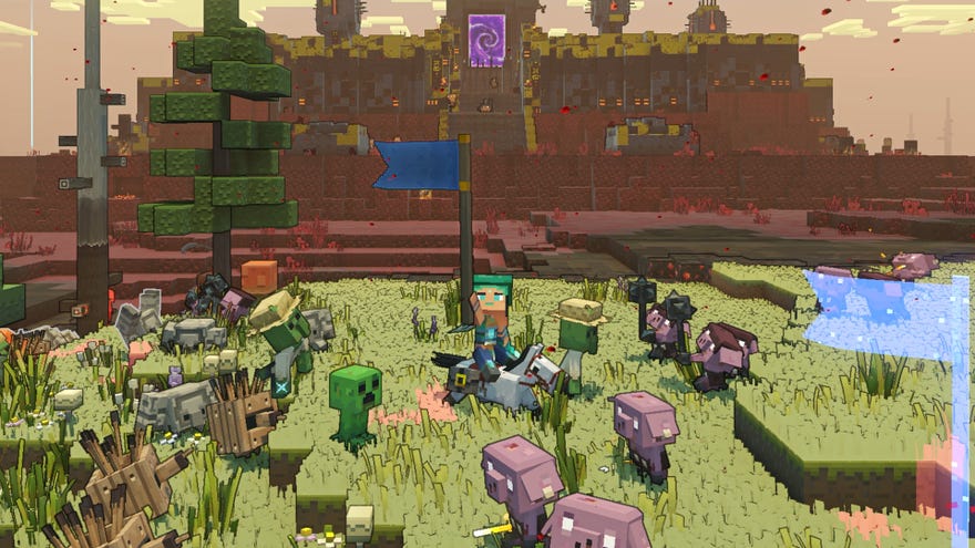 The player in Minecraft Legends raises their flag to rally nearby minions.