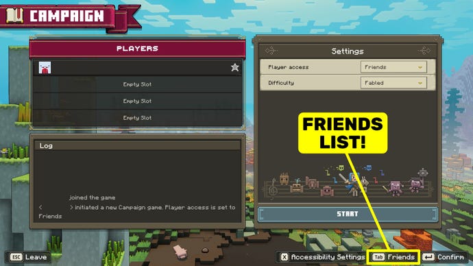 The campaign setup screen in Minecraft Legends, with the Friends list button highlighed in yellow.