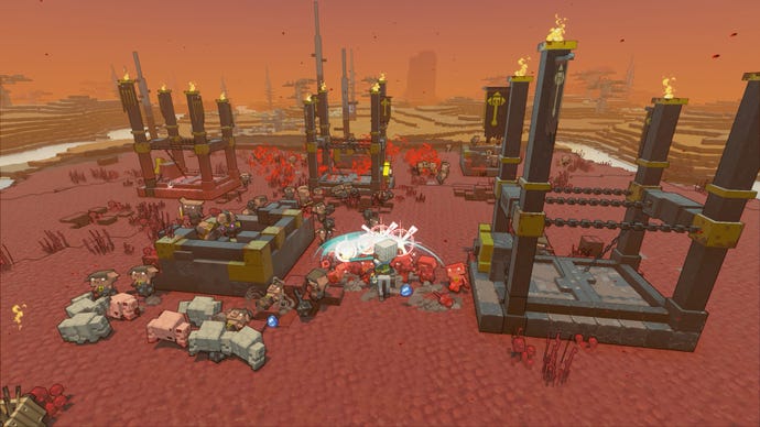 The player in Minecraft Legends fights a group of piglins outside an outpost on some red rocky terrain.