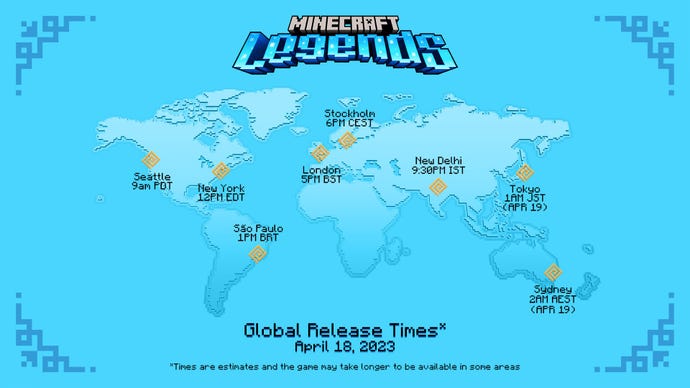 A map of the world with the release time of Minecraft Legends marked on various timezones.