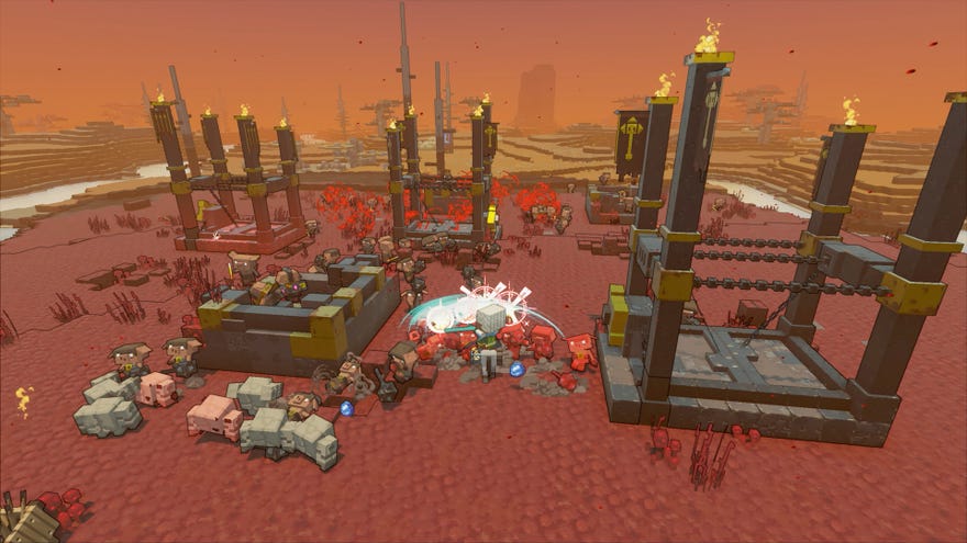 In a distinctly Minecraft underworld setting, an RTS battle takes place between the player and some piglike minions.
