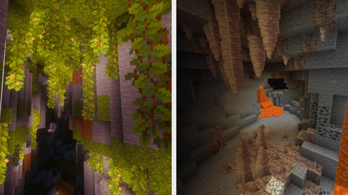 ซ้าย: ถ้ำที่เขียวชอุ่มใน Minecraft ขวา: ถ้ำ Dripstone ใน Minecraft