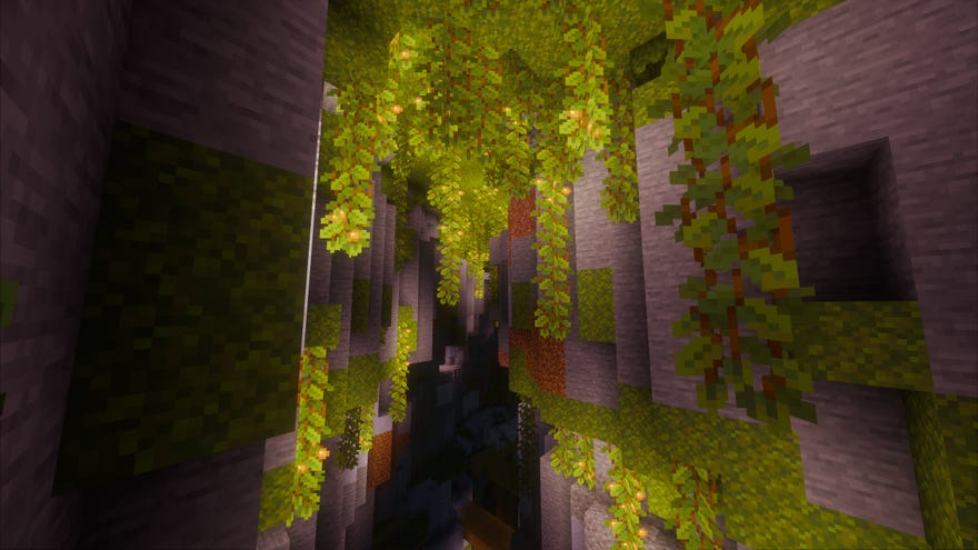 The new Lush Caves biome in Minecraft, replete with moss and vines.