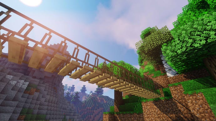 Một cây cầu trên một khe núi ở Minecraft, được thực hiện bằng cách sử dụng Macaw