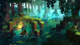 Concept art of characters rowing a boat under the roots of a mangrove tree in Minecraft The Wild update