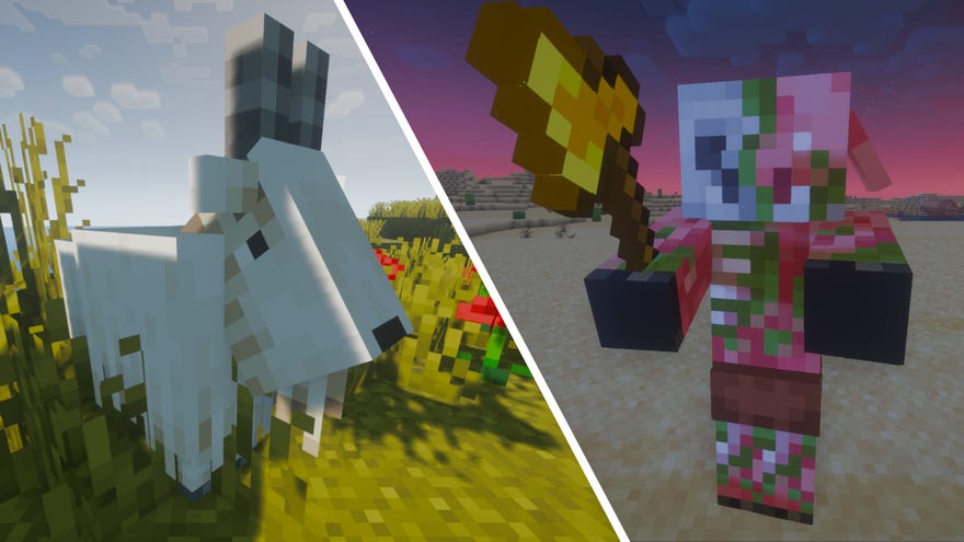 दो Minecraft Mobs की एक समग्र छवि: बाईं ओर दिन के दौरान एक घास के मैदान में एक बकरी है, और दाईं ओर रात में एक रेगिस्तानी बायोम में एक पिग्लिन ब्रूट है।