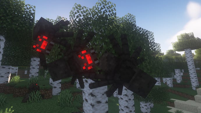 Several spiders clinging to the side of a Minecraft birch tree using the Nyf's Spiders mod.