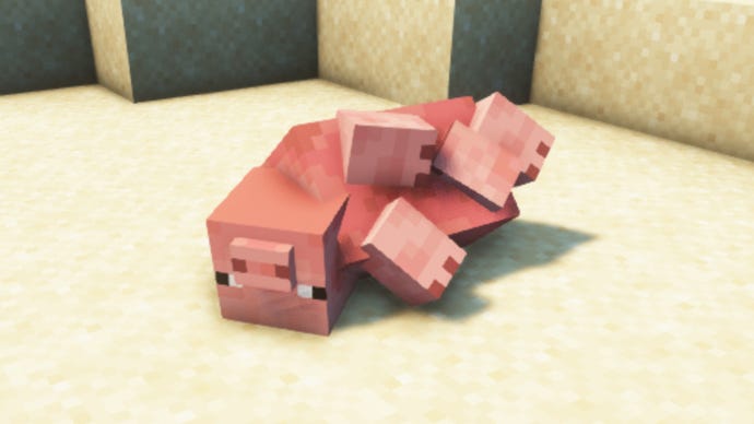 Een minecraft -varken in een woestijn, ondersteboven met de ragdoll -effecten van de fysica -mod ingeschakeld