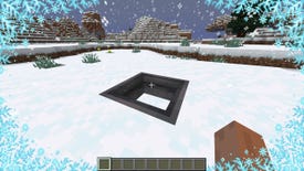 A Minecraft screenshot of the player freezing inside Powder Snow in a snowy biome, with a cauldron slowly collecting Powder Snow in front of them.
