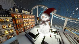 A giant, glowing snowman in Nvidia's Minecraft RTX Winter World map.
