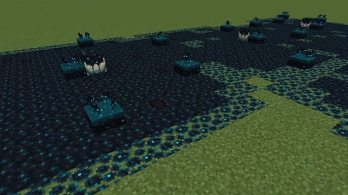 Minecraft में एक सपाट घास के मैदानों में खरोंच ब्लॉक की वृद्धि।
