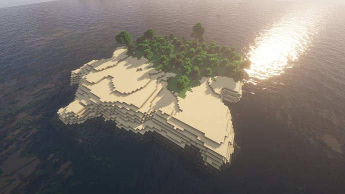 Sebuah pulau kecil yang dikelilingi oleh laut di Minecraft, satu sisi ditutupi pasir, sisi lain tertutup hutan