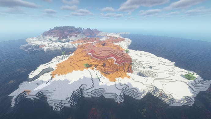 En stor ö i Minecraft, bestående av öken runt kusten och badlands i centrum