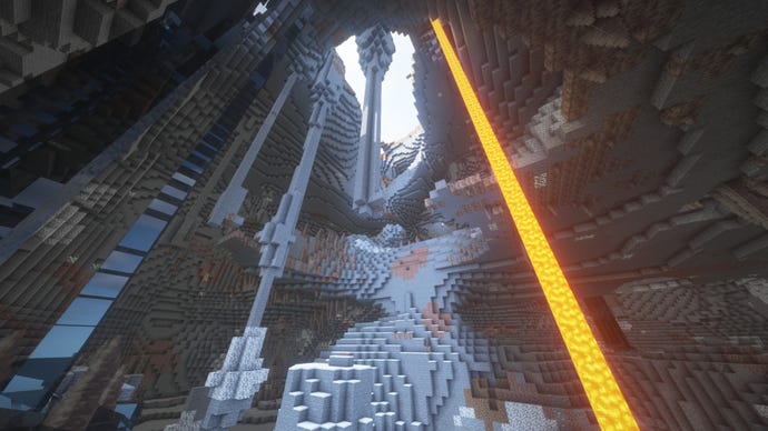 Khung cảnh từ dưới cùng của một hang động Minecraft, nhìn lên trên dưới ánh sáng mặt trời phát ra từ hang động mở ra phía trên