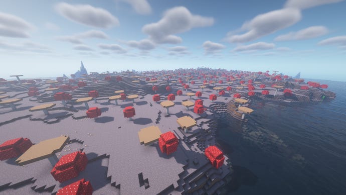 Bioma Pulau Mooshroom raksasa di Minecraft, dikelilingi oleh laut