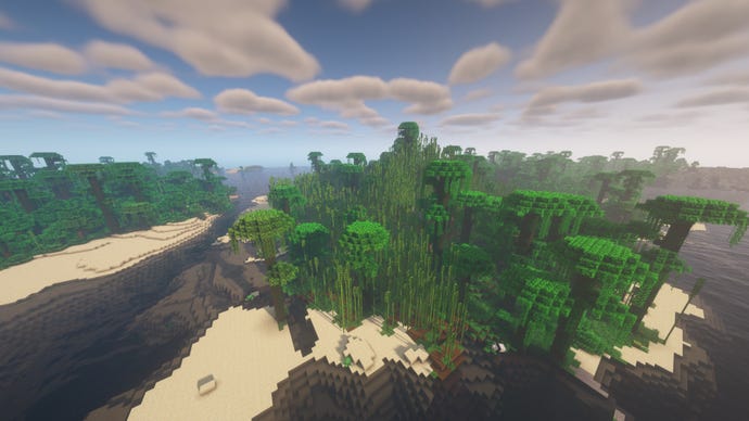 Öar i Minecraft, täckt av djungelträd och bambustog