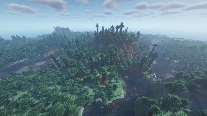 A Minecraft landscape of Old Growth Pine Taiga, with a large hill standing between two rivers.