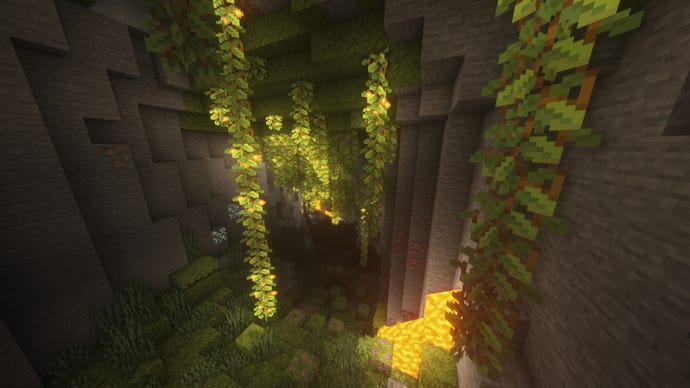 Minecraft中的鬱鬱蔥蔥的洞穴生物群落。