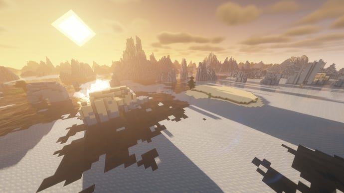A Minecraft sunset over an Ice Spikes biome.