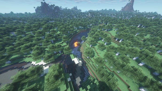Hutan birch ing Minecraft, kanthi ravine mlengkung ing latar ngarep ing lemah