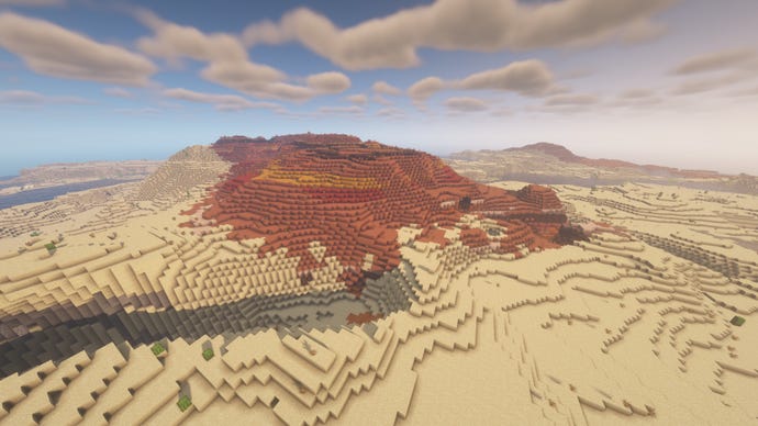 En Badlands -biom i Minecraft, omgiven av öknen