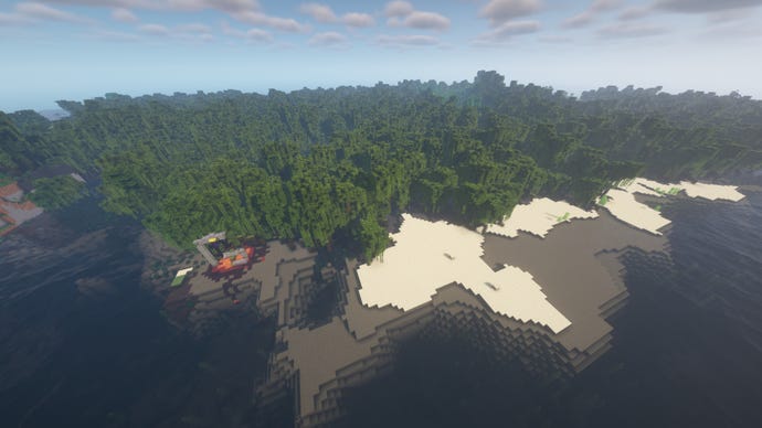 Un biom de mlaștină de mangrove de coastă din Minecraft, cu un portal ruinat pe plajă la stânga
