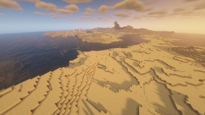Ein weitläufiges Küstenwüstenbiom in Minecraft, mit fast keine Bäume in Sichtweite