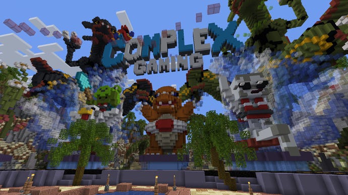 The lobby of the Complex Gaming server in Minecraft, featuring a gigantic mural with the lettering of the server surrounded by various beasts.