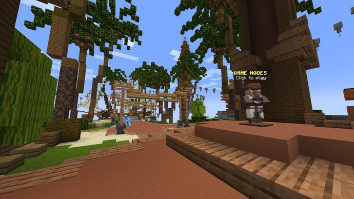 A Minecraft screenshot of the lobby of the DatBlock server.