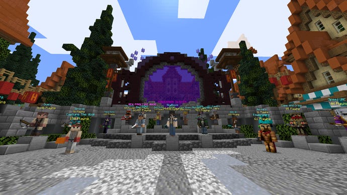 Uno screenshot di Minecraft della hall del server Hypixel