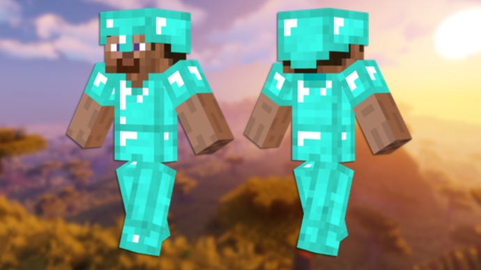 A front and back view of the Diamond Armor Minecraft skin.