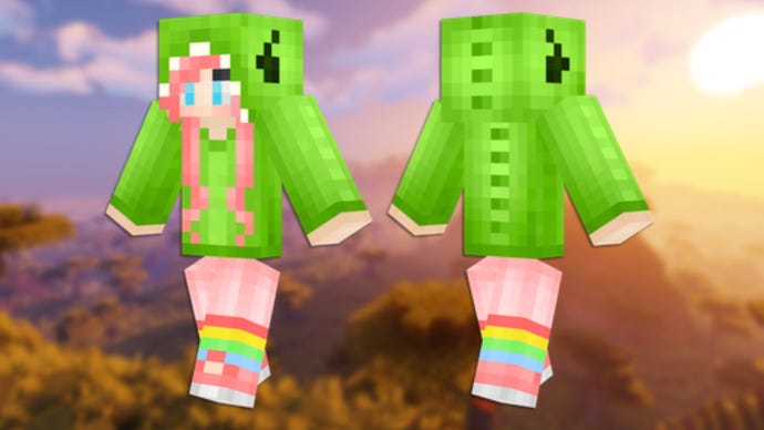 A front and back view of the Dino Girl Minecraft skin.