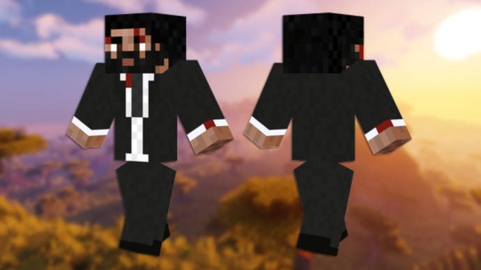 A front and back view of the John Wick Minecraft skin.