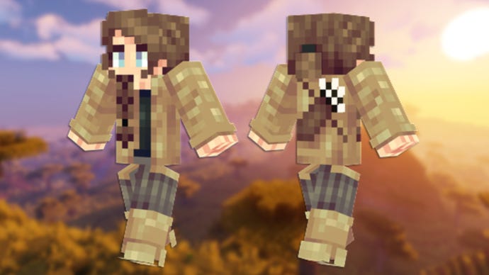 A front and back view of the Katniss Everdeen Minecraft skin.