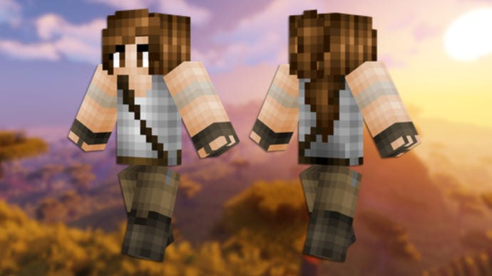 A front and back view of the Lara Croft Minecraft skin.