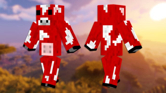 A front and back view of the Mooshroom Minecraft skin.