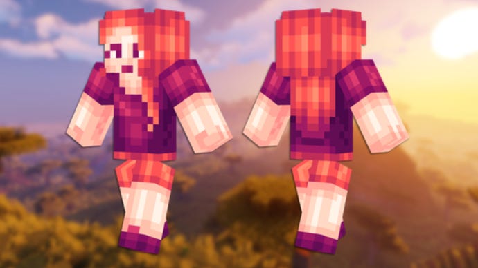 A front and back view of the Plum Girl Minecraft skin.