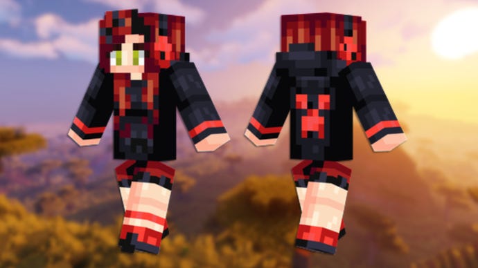 A front and back view of the Red Creeper Girl Minecraft skin.