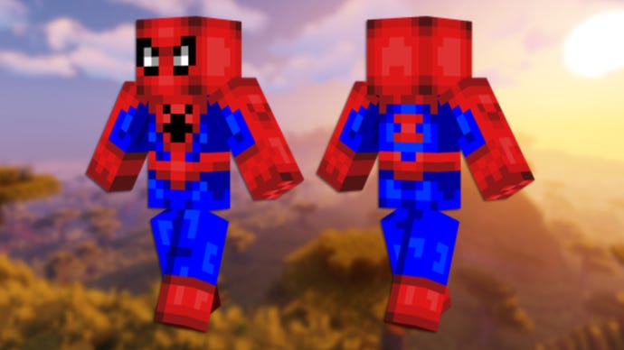 A front and back view of the Spiderman Minecraft skin.