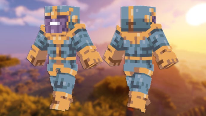 A front and back view of the Thanos Minecraft skin.