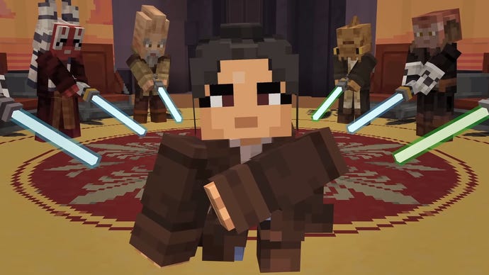 The player character kneels as Jedi point their lightsabers to the flood in Minecraft's Star Wars DLC Path of the Jedi