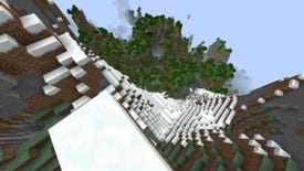 Looking down from the top of a very tall snowy mountain in Minecraft.