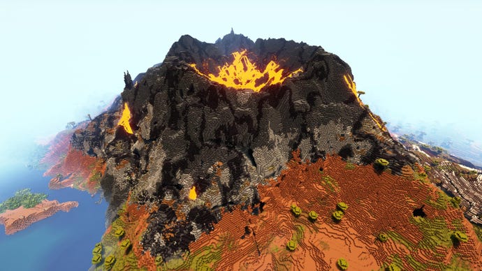 A bird's eye view of a volcano biome in Minecraft, added with the Terralith mod.