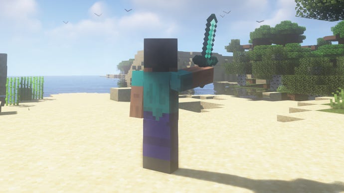 Gracz Minecraft z plecami do kamery macha swoim diamentowym mieczem nad głową