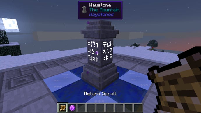 A teleporting waystone in Minecraft, made possible using the Waystones mod.